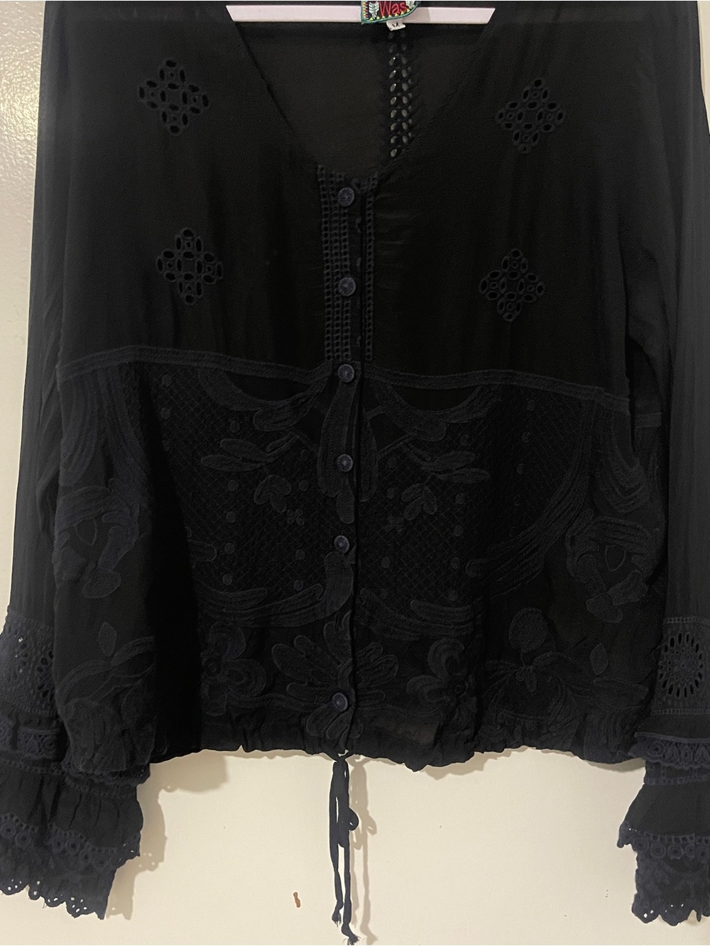 Johnny Was Black Embroidered Lace Blouse Boho Ruffle Sleeve Tie Hem Medium M - Picture 5 of 13